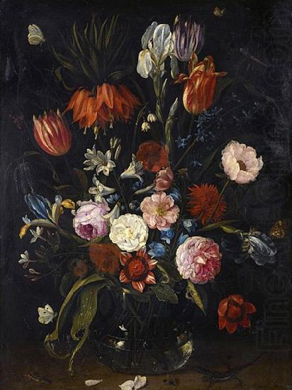 Jan Van Kessel the Younger A still life of tulips, a crown imperial, snowdrops, lilies, irises, roses and other flowers in a glass vase with a lizard, butterflies, a dragonfly a china oil painting image